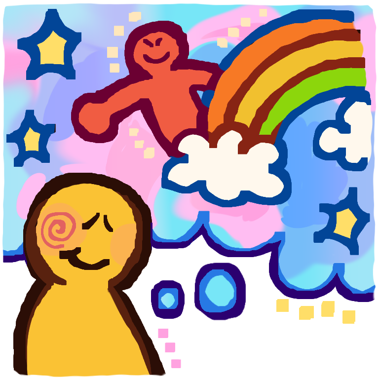 a thought bubble coming from a smiling figure. in thought bubble is a figure frolicking by a rainbow.